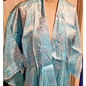 Vintage Japanese Pale Blue Kimono with Embroidered Scenes One Size